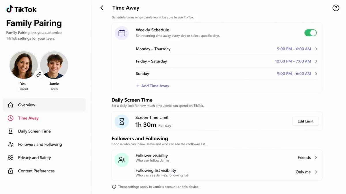 TikTok Family Pairing settings showing Time Away schedules, daily screen time limits, and follower visibility controls.