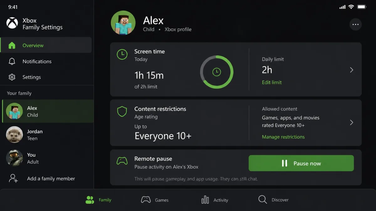 The Xbox Family Settings app showing a child's screen time limit, content restrictions, and a remote pause button.