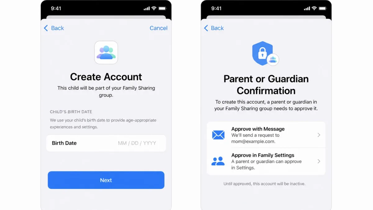 Family Sharing create account screen asking for the child's birth date with a parent or guardian confirmation step.