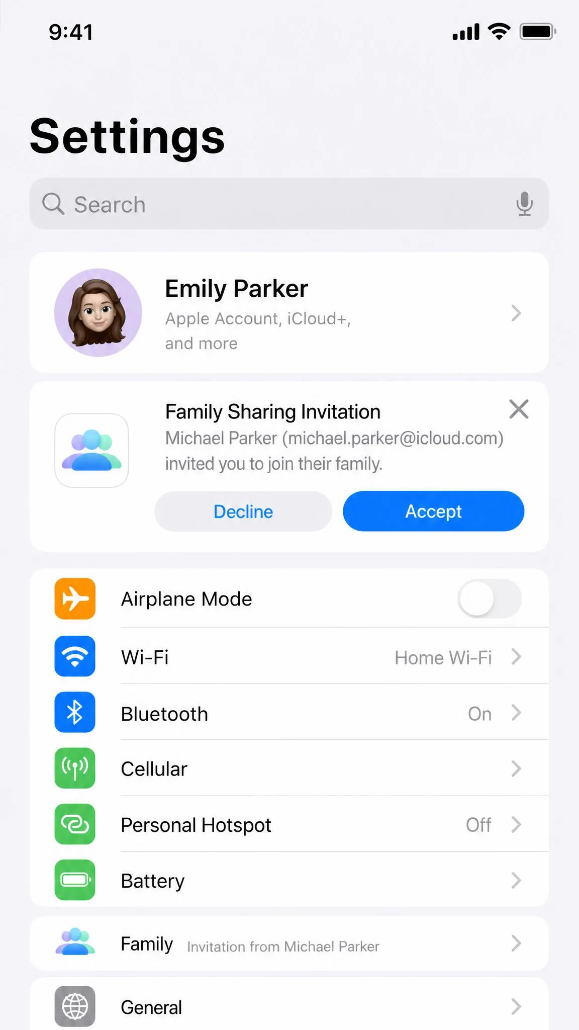 iPhone Settings showing an incoming Family Sharing invitation at the top of the Family row.