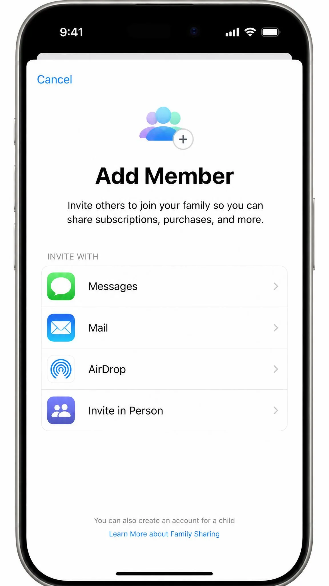 Family Sharing Add Member screen showing the invitation options Messages, Mail, AirDrop, and Invite in Person.