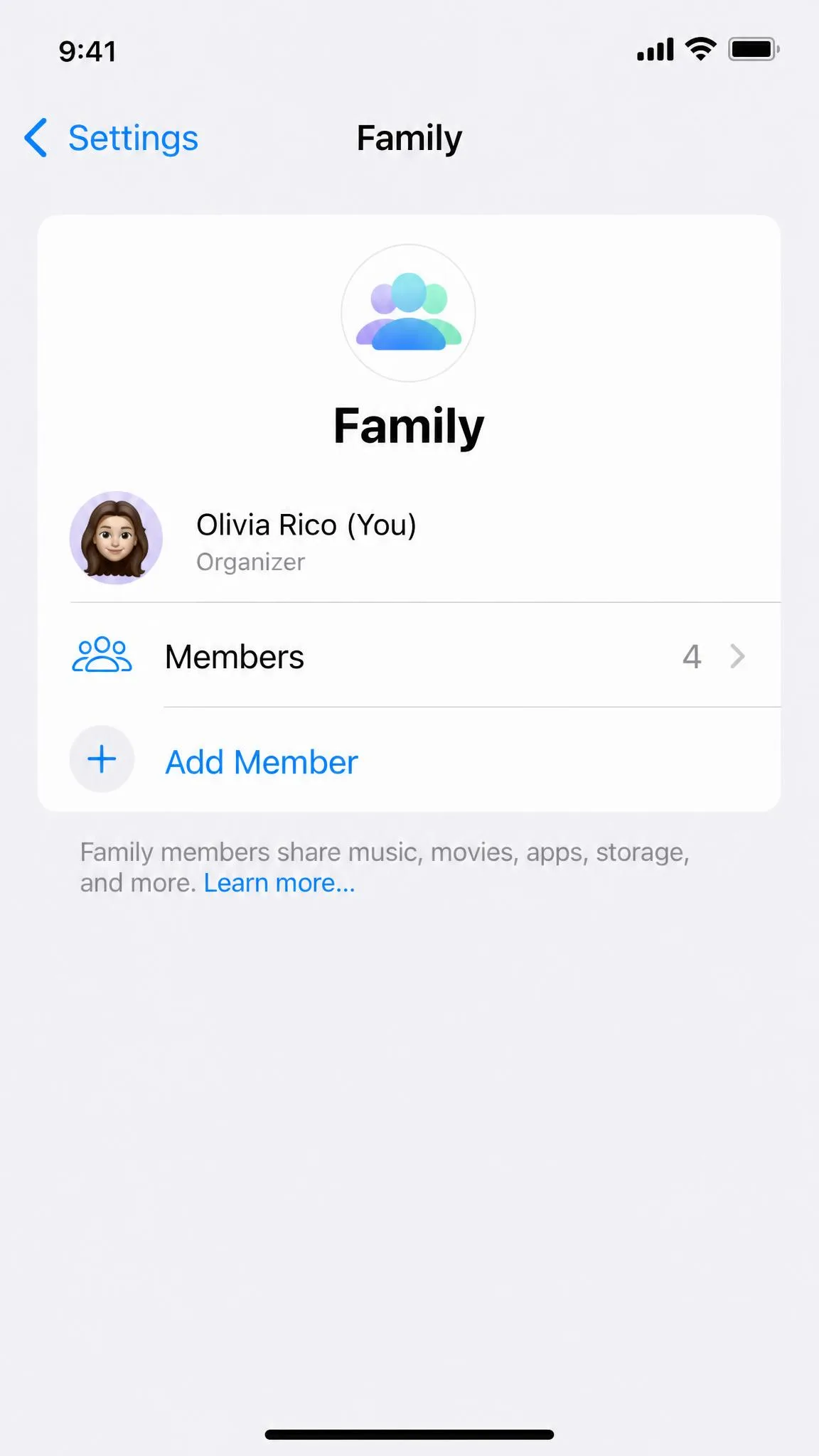 iPhone Settings Family section showing the organizer, the member count, and a plus button to add a member.