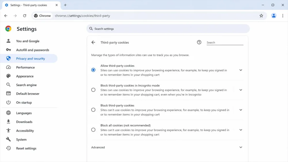 Google Chrome desktop Settings screen open to Privacy and security, showing the Third-party cookies page with the "Allow third-party cookies" radio option selected.