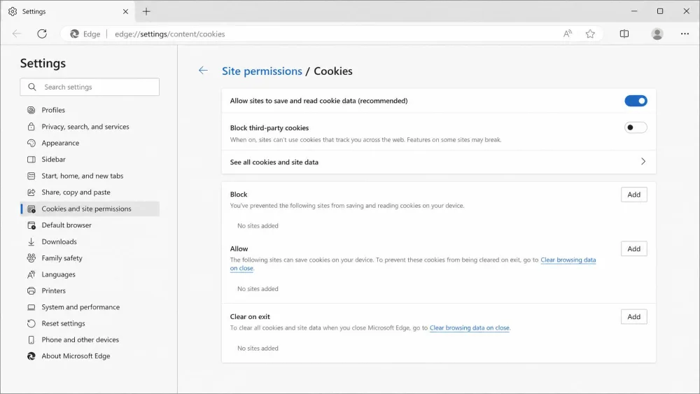 Microsoft Edge desktop Settings on the Cookies page, with the "Allow sites to save and read cookie data (recommended)" switch turned on and the "Block third-party cookies" toggle visible below it.