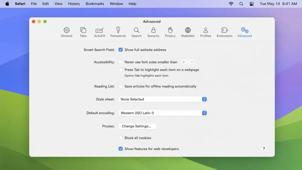 Safari Settings on a Mac open to the Advanced tab, showing the "Block all cookies" checkbox unchecked so that cookies are allowed.