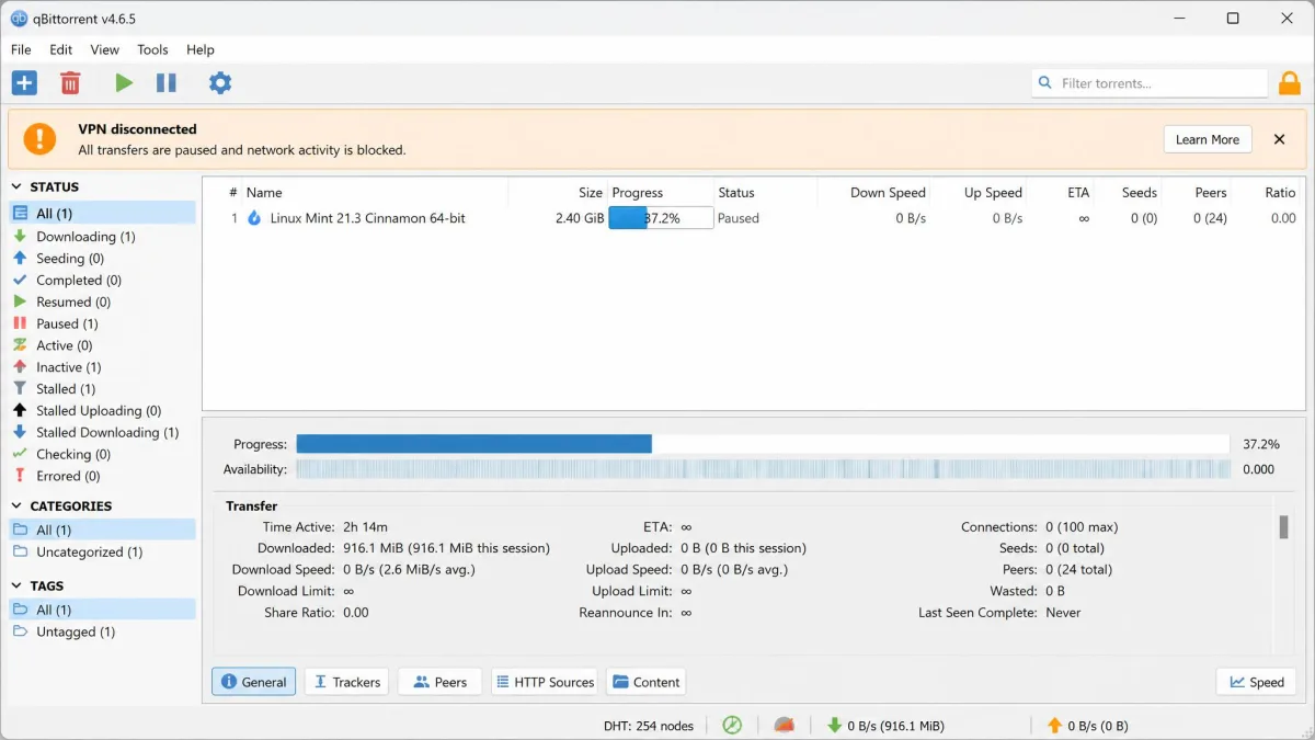 qBittorrent transfer list showing an active download dropping to 0 KB/s after the VPN was disconnected, proving the interface binding is working.