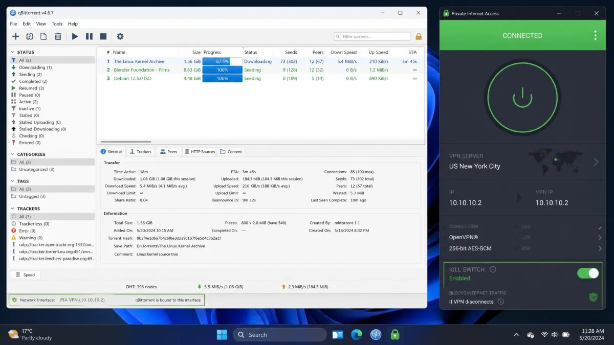 A desktop showing qBittorrent bound to a VPN adapter alongside a VPN app with its kill switch enabled, illustrating a layered leak-protection setup.