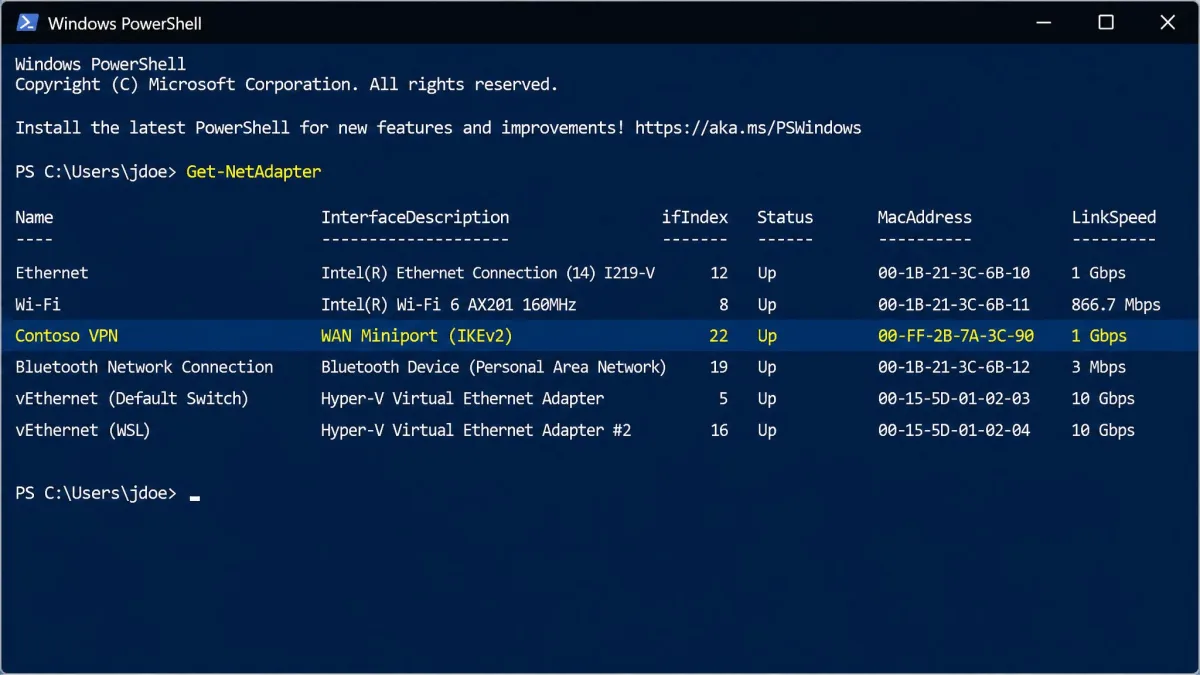 Windows PowerShell window showing the output of Get-NetAdapter with a VPN adapter listed as Up, highlighted among the Ethernet and Wi-Fi adapters.