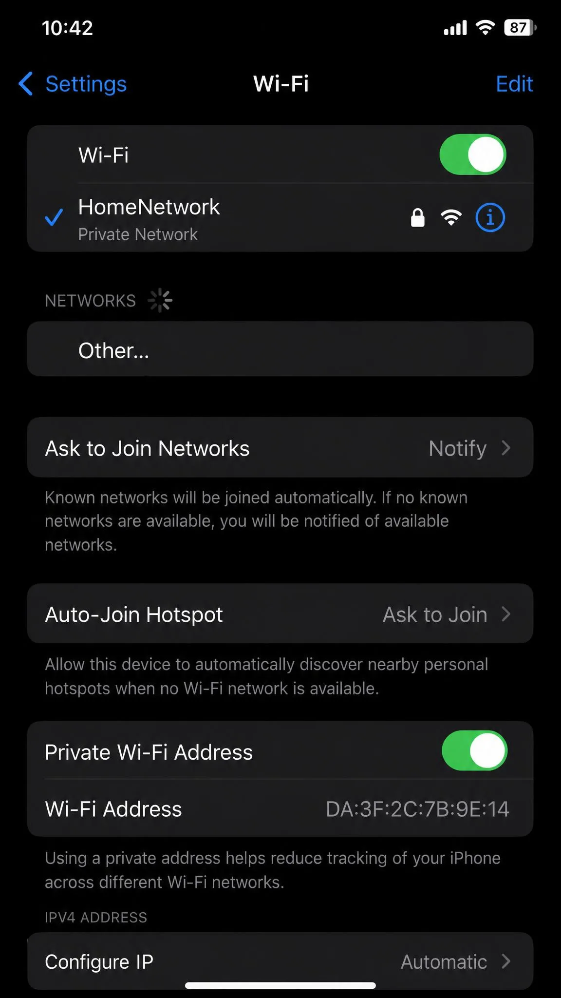 A smartphone's WiFi settings screen with the Private Wi-Fi Address toggle enabled, showing the randomized MAC address a router would record.