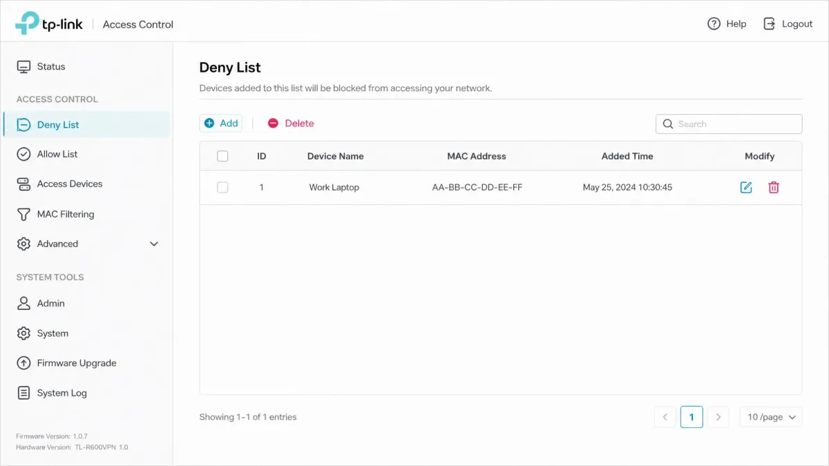 The TP-Link Access Control screen with the Deny List selected and one device added to the blocked list.