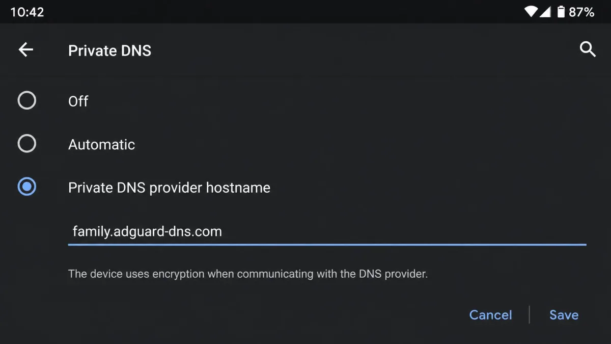 The Android Private DNS settings screen showing the provider hostname field filled in with family.adguard-dns.com.