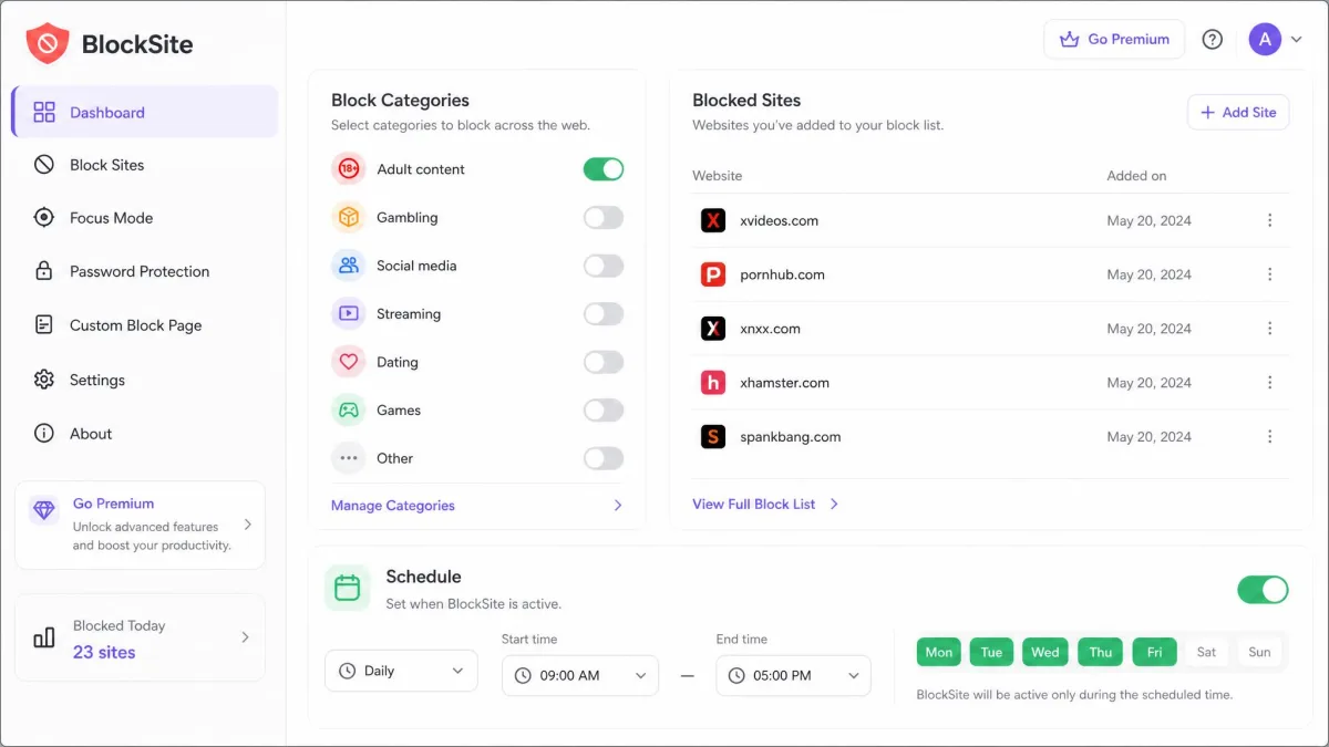 The BlockSite app dashboard showing the Adult content category toggled on, a blocked website list, and a scheduling control.