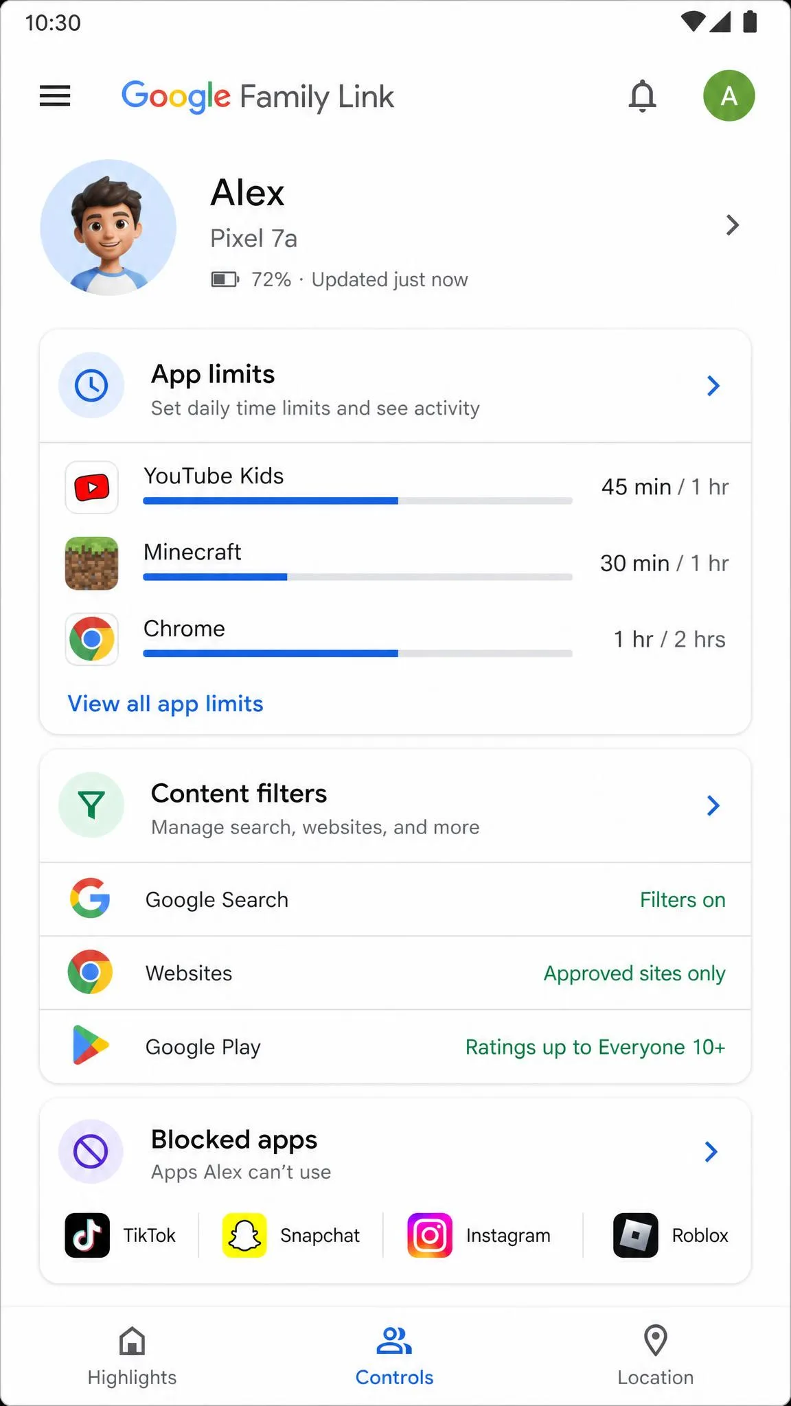 The Google Family Link app showing a child's profile with app limits, content filters, and a blocked app list.