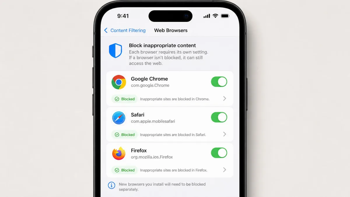 A phone showing content-filtering controls across Chrome, Safari, and Firefox, illustrating that each browser needs its own block.