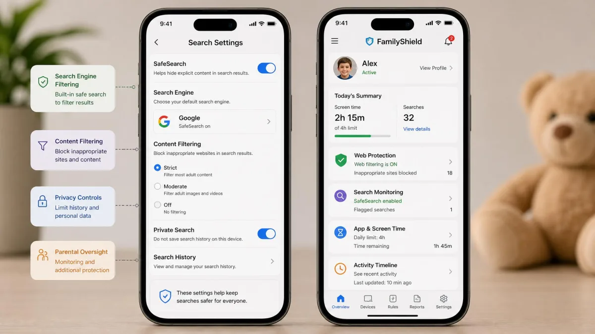A smartphone showing search settings and a parental control dashboard, representing the layered blocking methods covered in the guide.