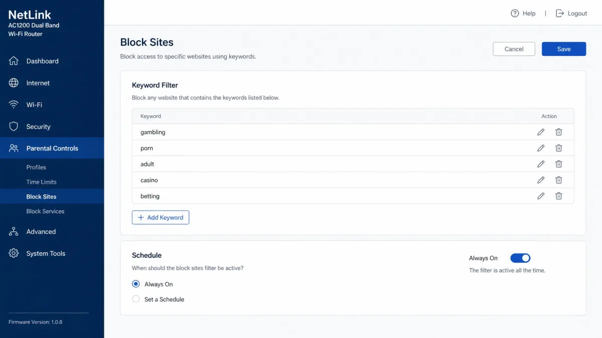 A router admin page showing the Block Sites settings with a keyword filter list and an Always On schedule toggle.