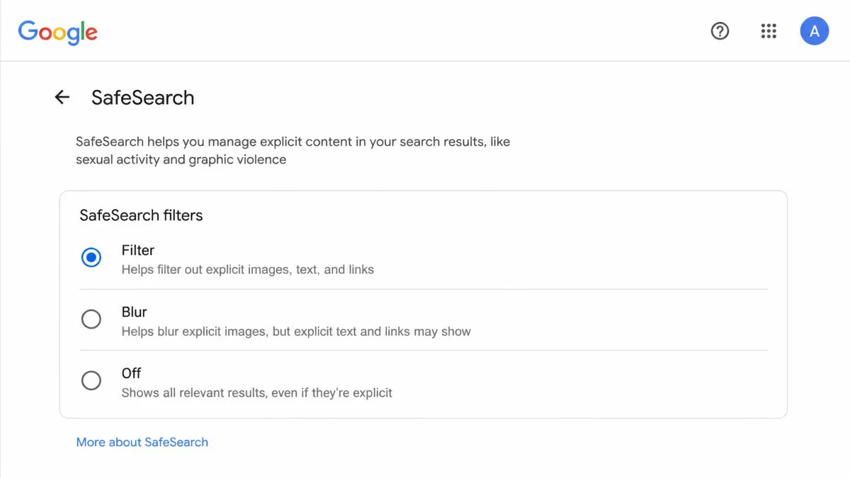 Google's SafeSearch settings screen showing Filter, Blur, and Off, with the Filter option selected.