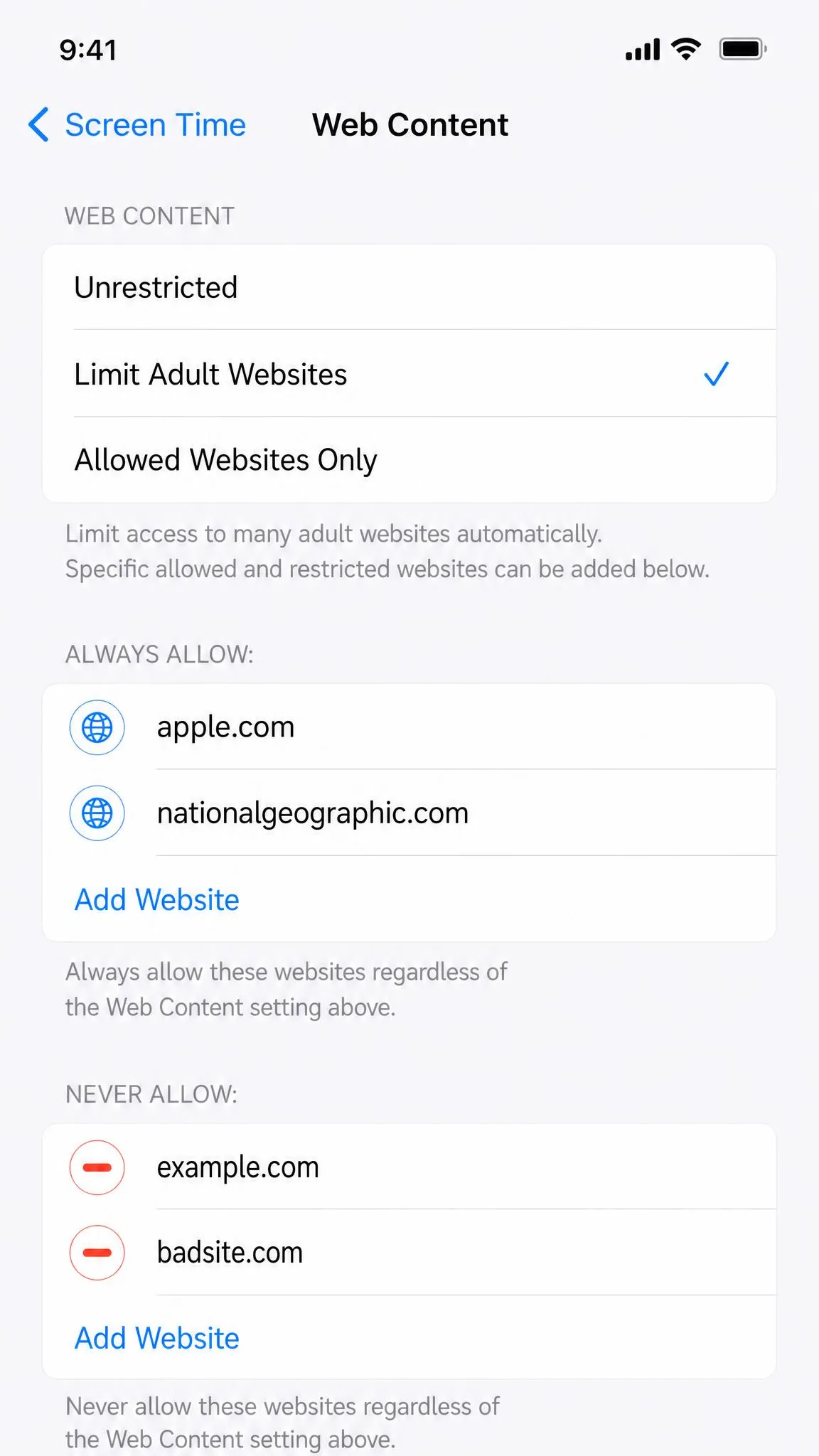 The Screen Time settings on iPhone showing the Web Content screen with Limit Adult Websites selected and Always Allow and Never Allow site lists.