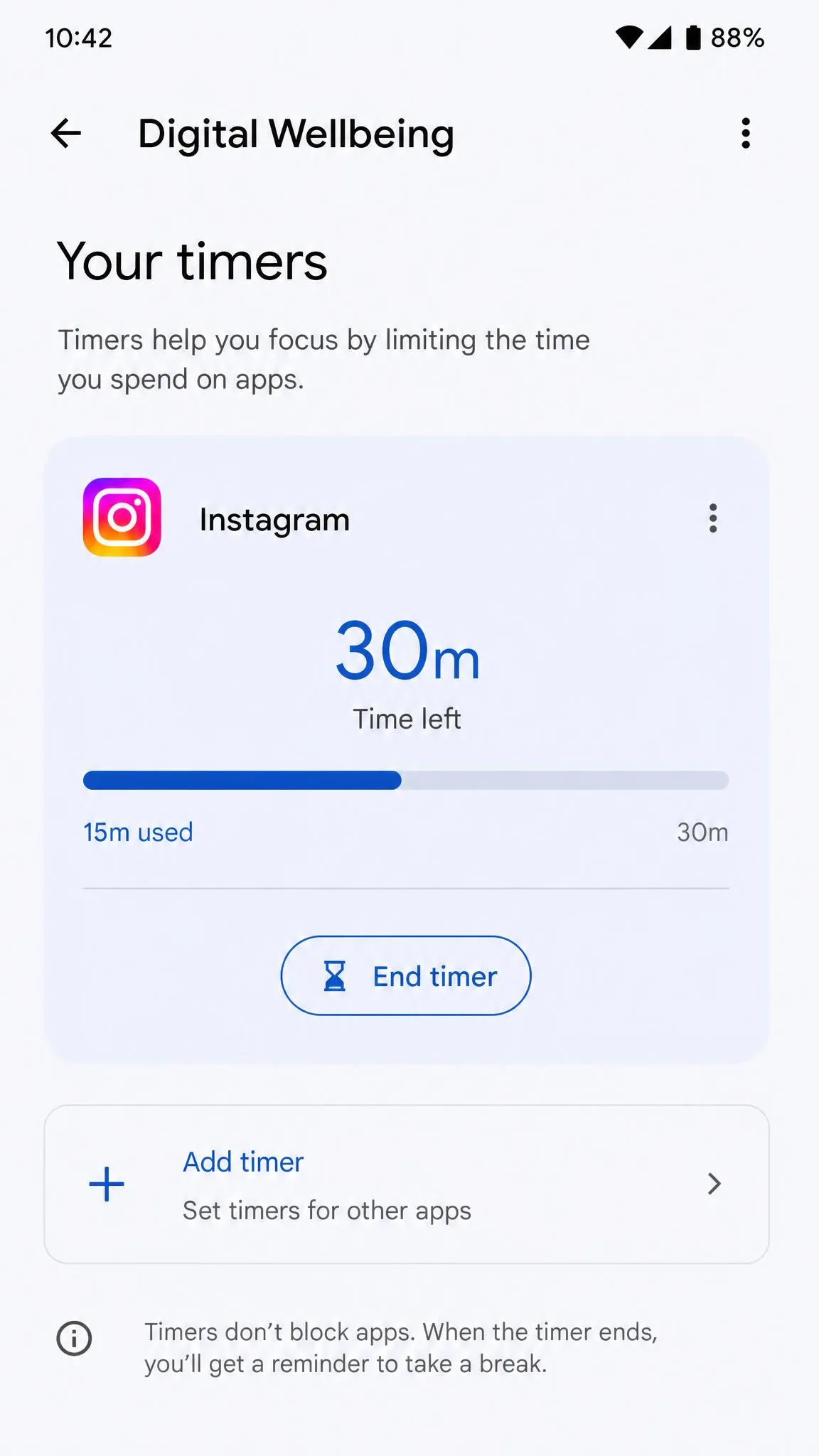 The Digital Wellbeing App timers dashboard with a 30-minute timer set for a social app.