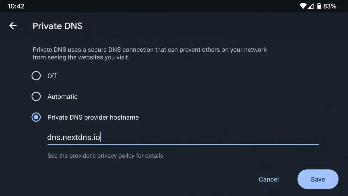 The Android Private DNS settings screen with a NextDNS provider hostname entered.