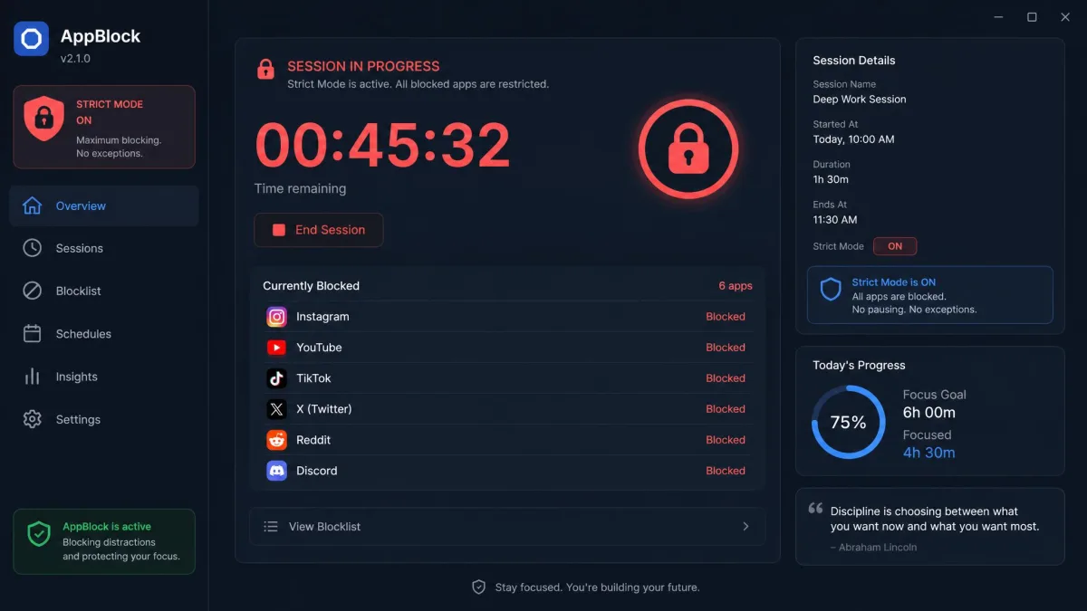 The AppBlock app with a blocked session in progress and Strict Mode on.