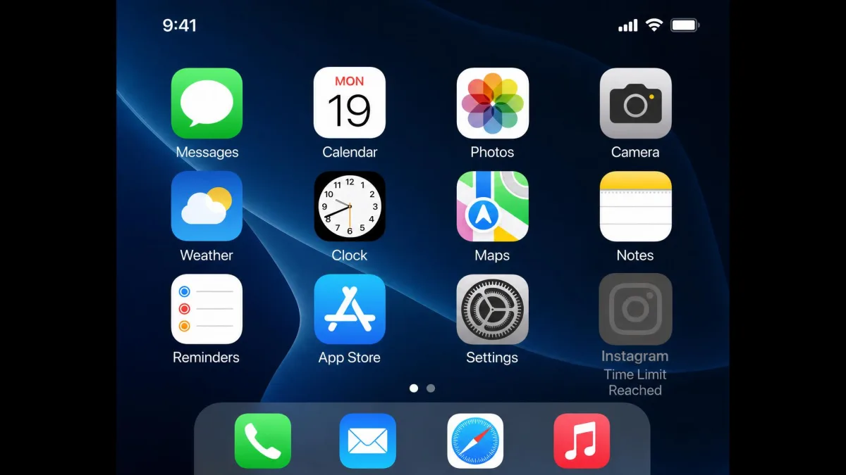 A smartphone home screen with a social app icon greyed out at its daily time limit.