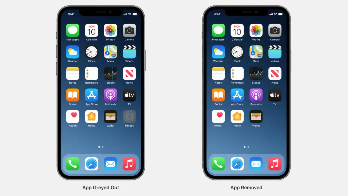 Two phones side by side, one app greyed out and the same app removed.