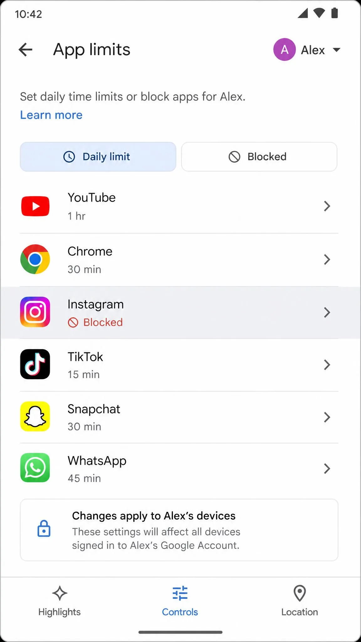 The Family Link App limits screen with a social app toggled to Blocked for a child.