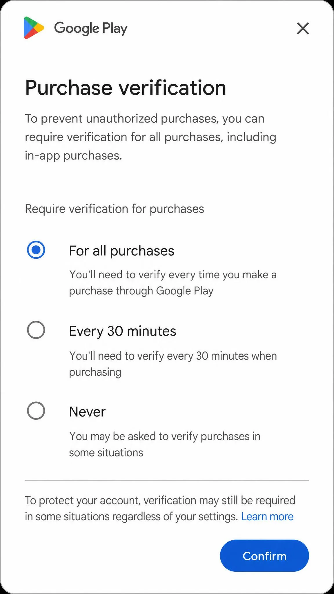 The Play Store purchase verification screen with For all purchases selected.