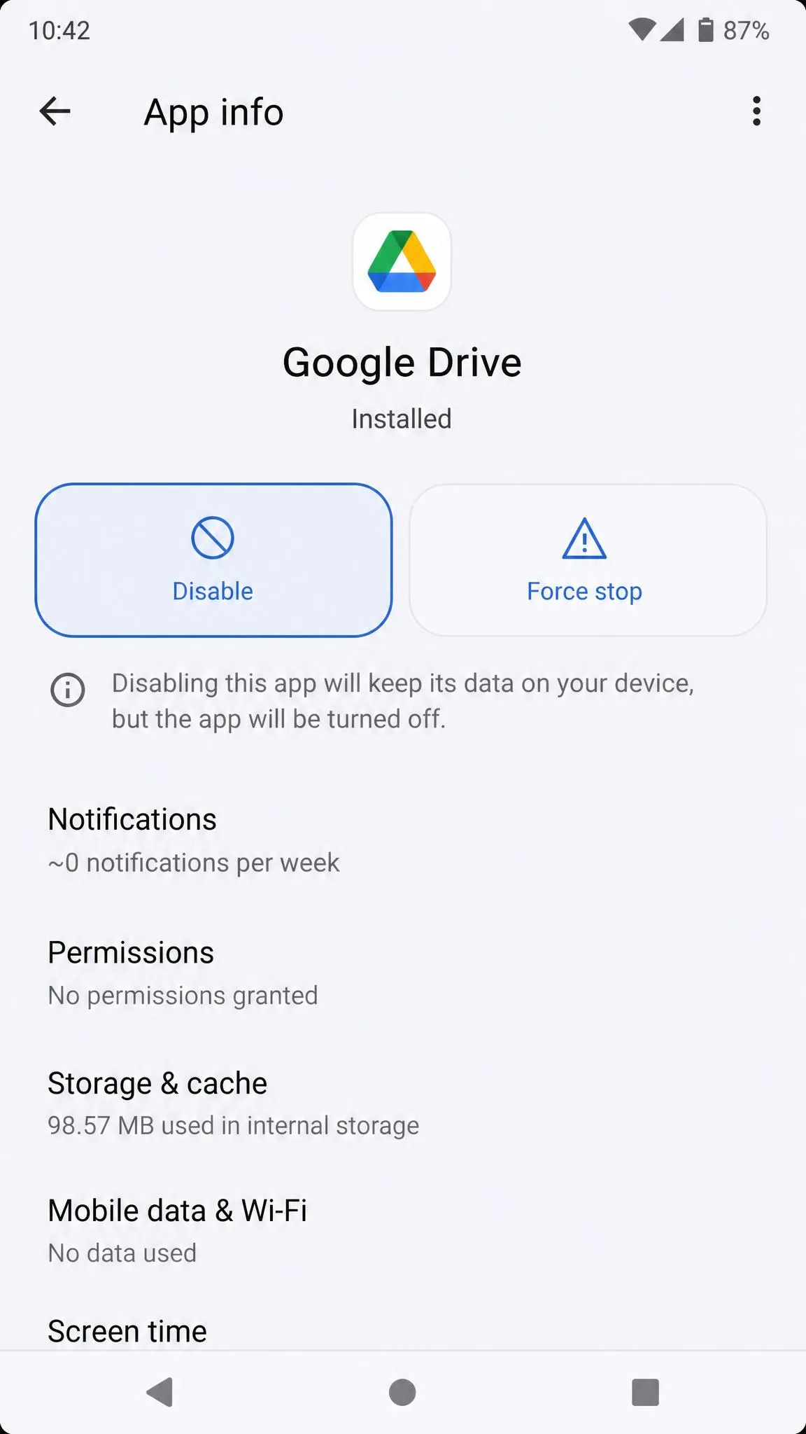 Android's Settings Apps screen for a pre-installed app with the Disable button highlighted and a note that disabling the app keeps its data on the device.