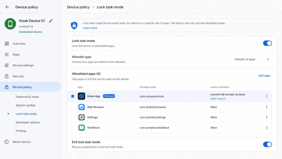Android's lock task mode configuration for a dedicated device, showing an allowlisted set of apps with one kiosk app marked to launch full-screen on boot.