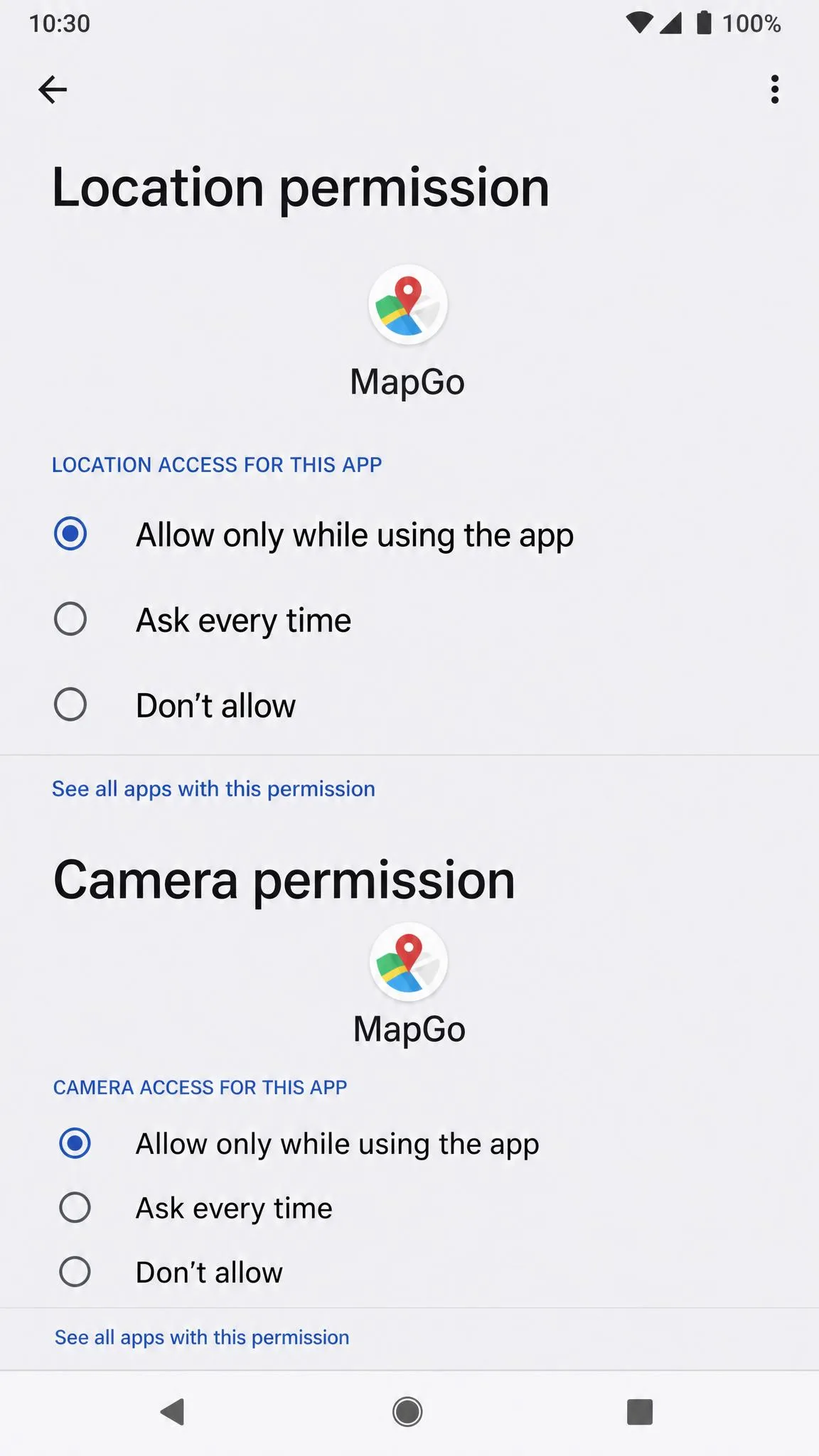 Android's per-app permissions screen showing Allow only while using the app, Ask every time, and Don't allow options for location and camera.