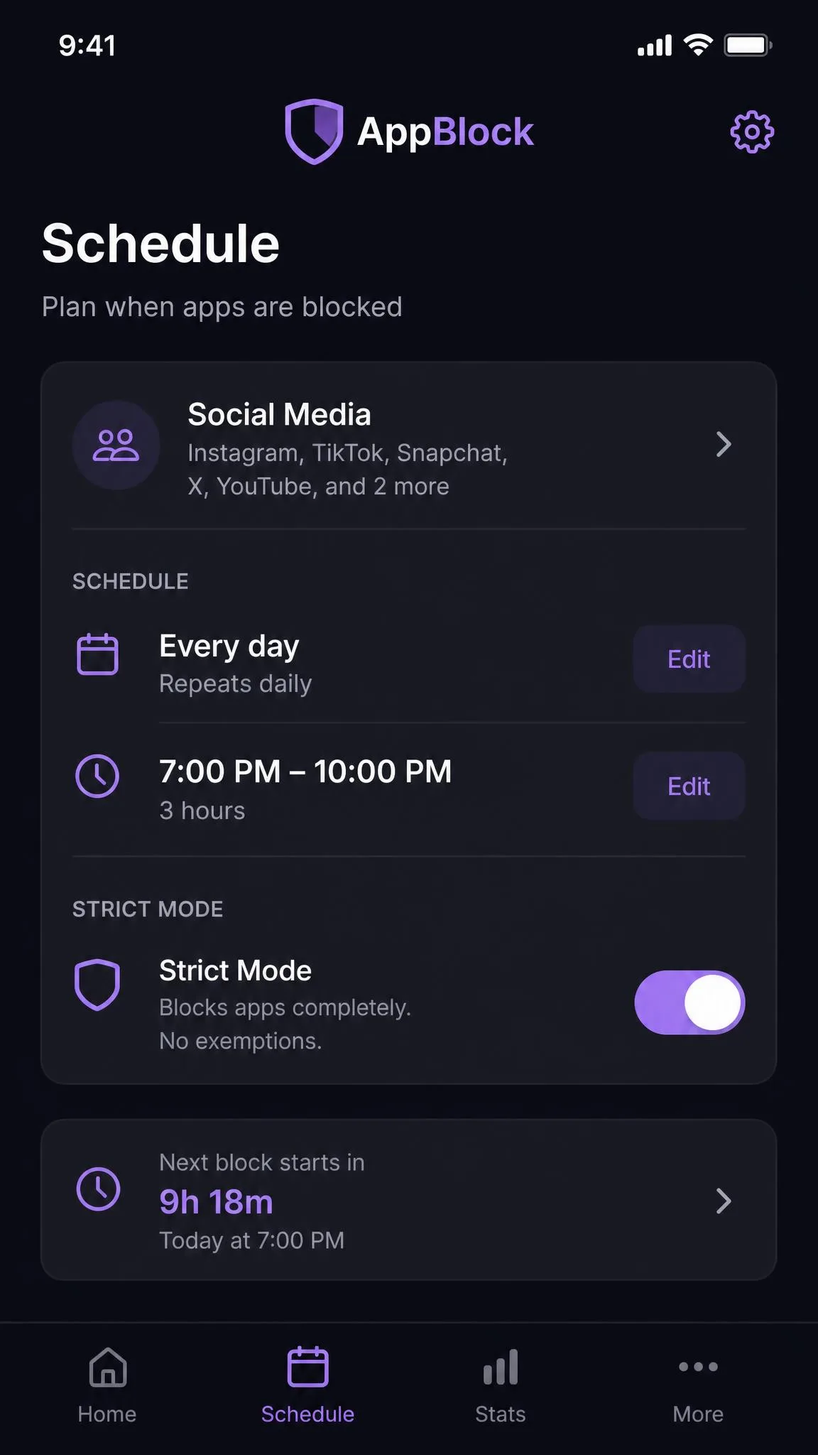 AppBlock's schedule screen showing a repeating daily block for social media apps, with Strict Mode toggled on and the next scheduled block time listed below.