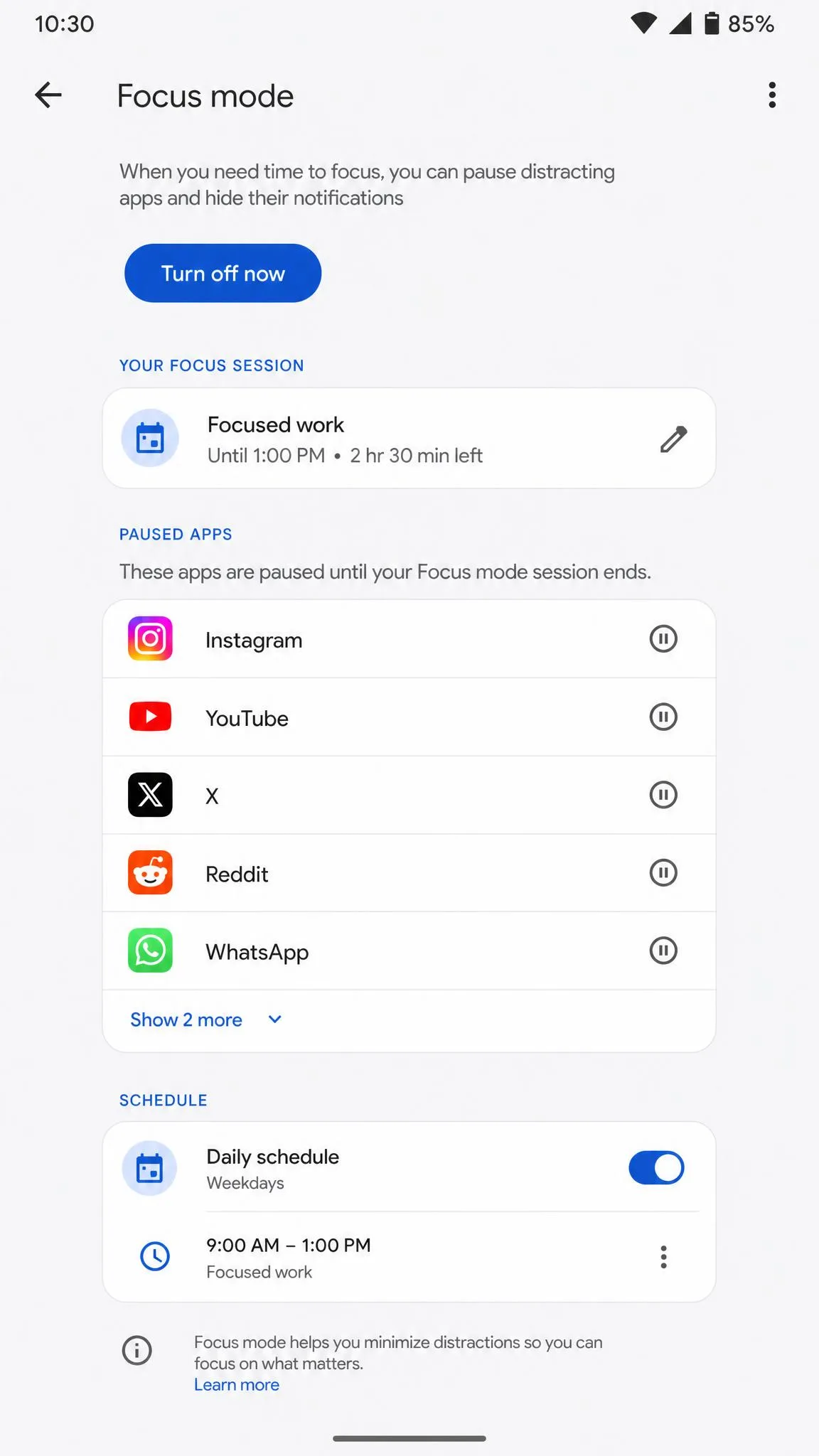 Digital Wellbeing's Focus mode screen on Android showing a list of paused apps and a daily schedule set for a focused work window.
