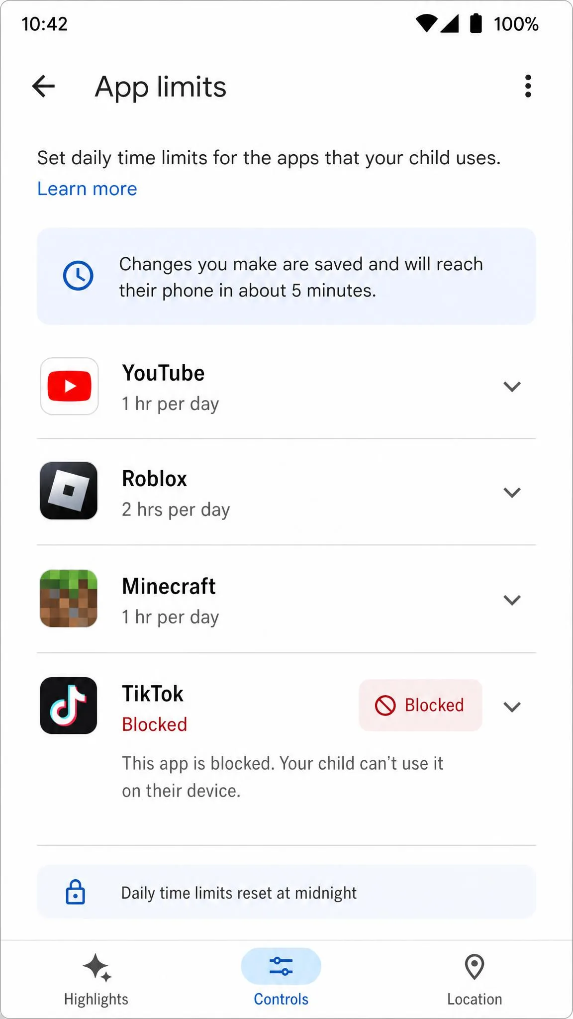 Google Family Link's App limits screen for a child's device showing one app switched to Blocked with a note that the change reaches the phone in about five minutes.