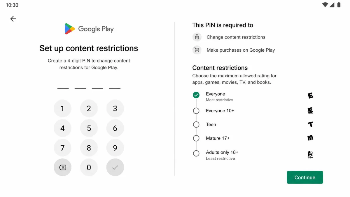 Google Play's content restrictions setup screen asking for a four-digit parental controls PIN before letting a parent choose allowed content ratings.