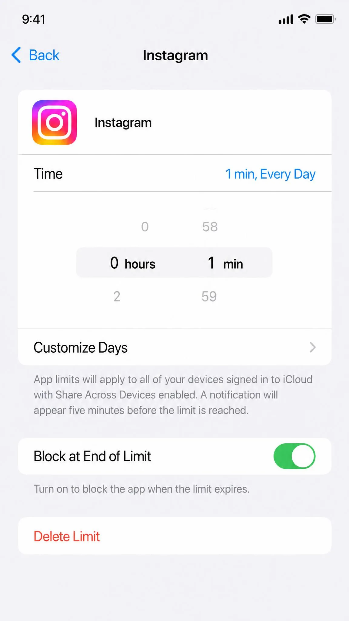 Adding an app limit in Screen Time with a one-minute daily cap and Block at End of Limit switched on.