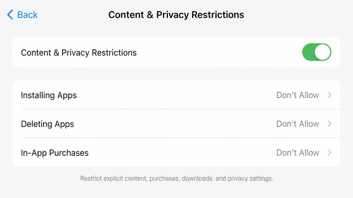 Content & Privacy Restrictions screen with Installing Apps, Deleting Apps, and In-App Purchases each set to Don't Allow.