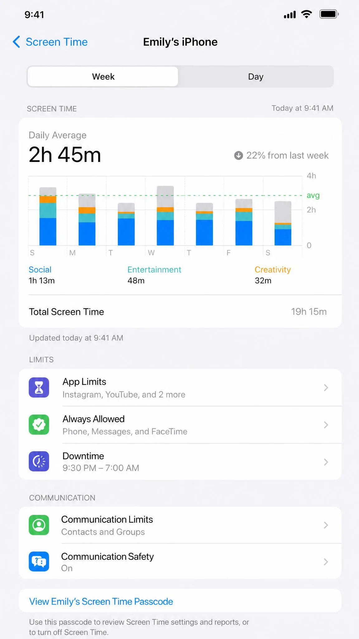 A parent's Screen Time view listing the settings for a child's iPhone managed through Family Sharing.