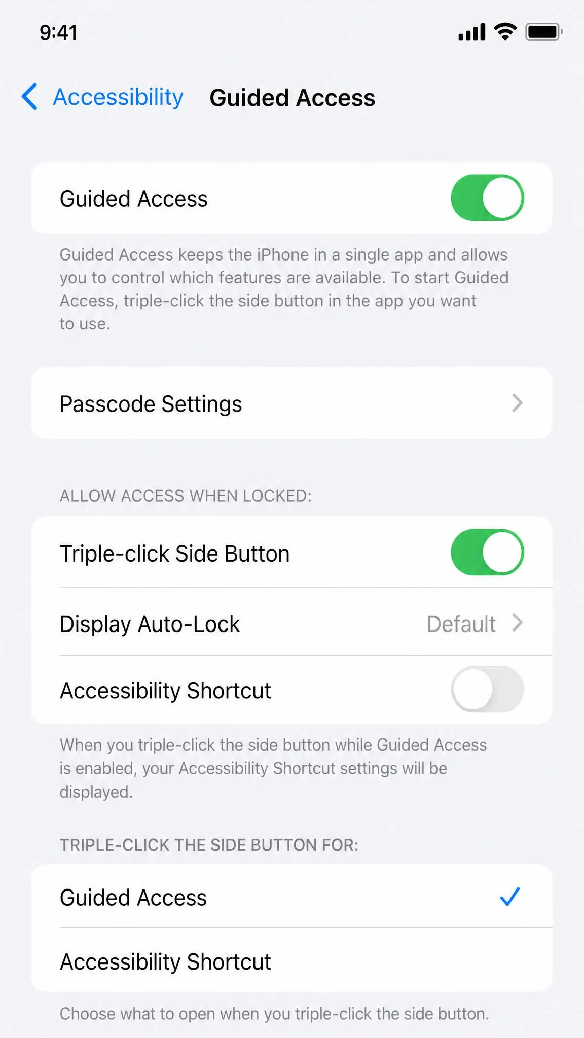 Guided Access enabled in iPhone Accessibility settings, with the triple-click shortcut and passcode options visible.