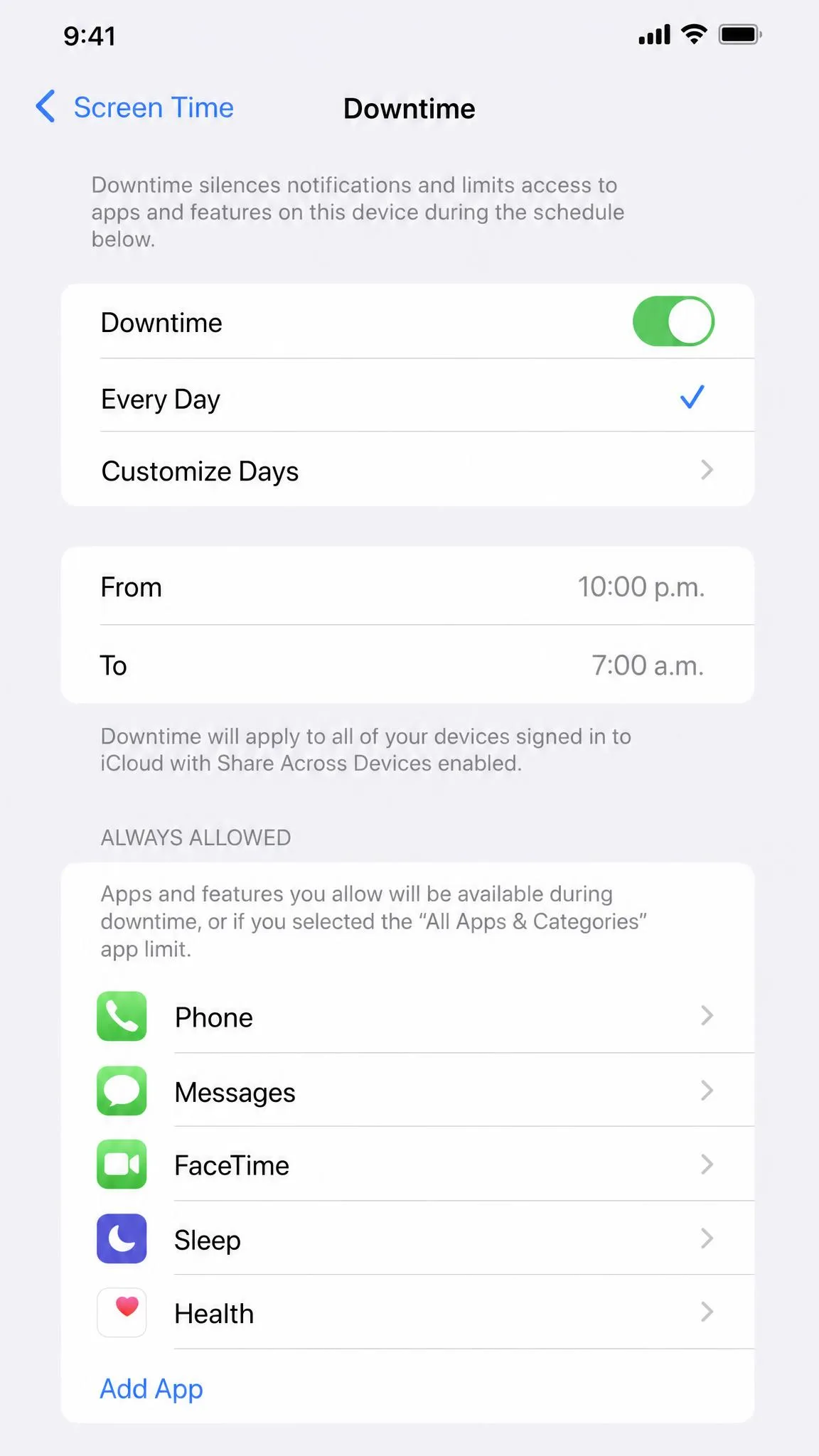 Scheduling Downtime in Screen Time from 10 p.m. to 7 a.m., with an Always Allowed list of apps underneath.