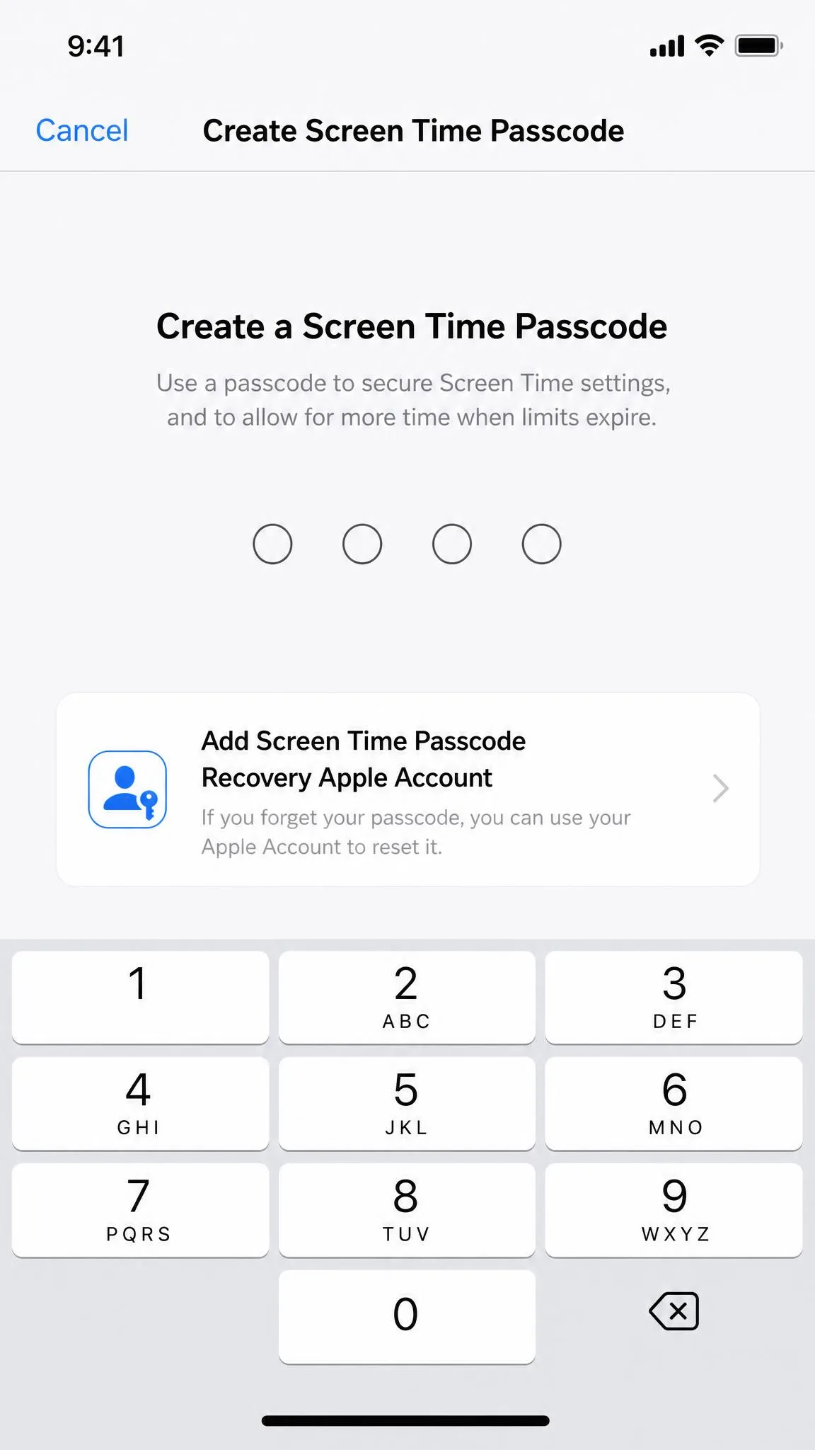 Creating a Screen Time passcode with a 4-digit keypad and an option to add a Screen Time Passcode Recovery Apple Account.