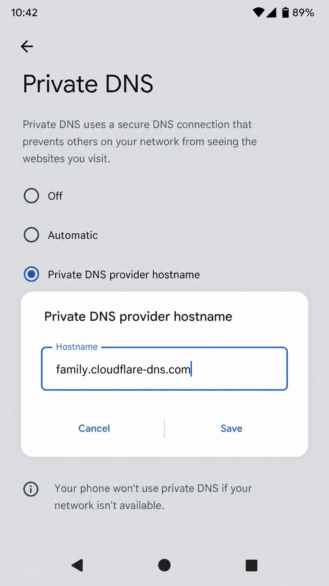 Android Private DNS settings screen with the hostname field open and family.cloudflare-dns.com typed in.