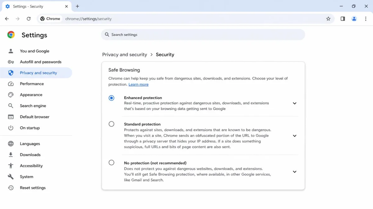 Chrome Security settings screen in the Privacy and security section showing Enhanced protection, Standard protection, and No protection radio buttons.