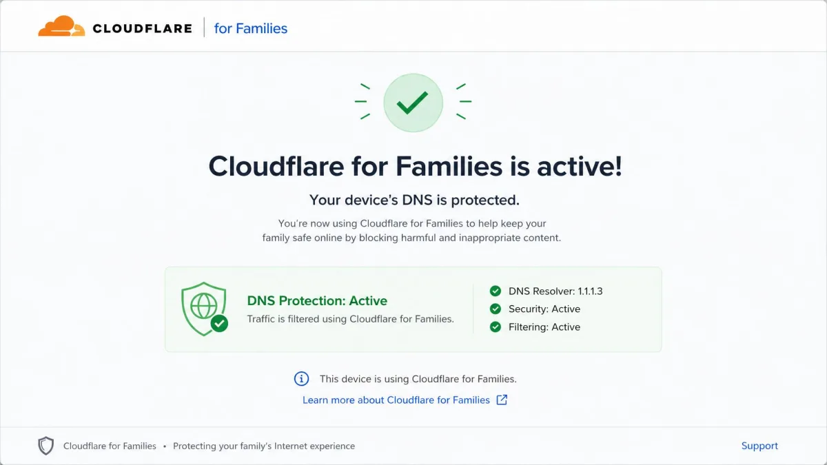 A DNS filter confirmation page reporting that Cloudflare for Families is active and the device's DNS is protected.