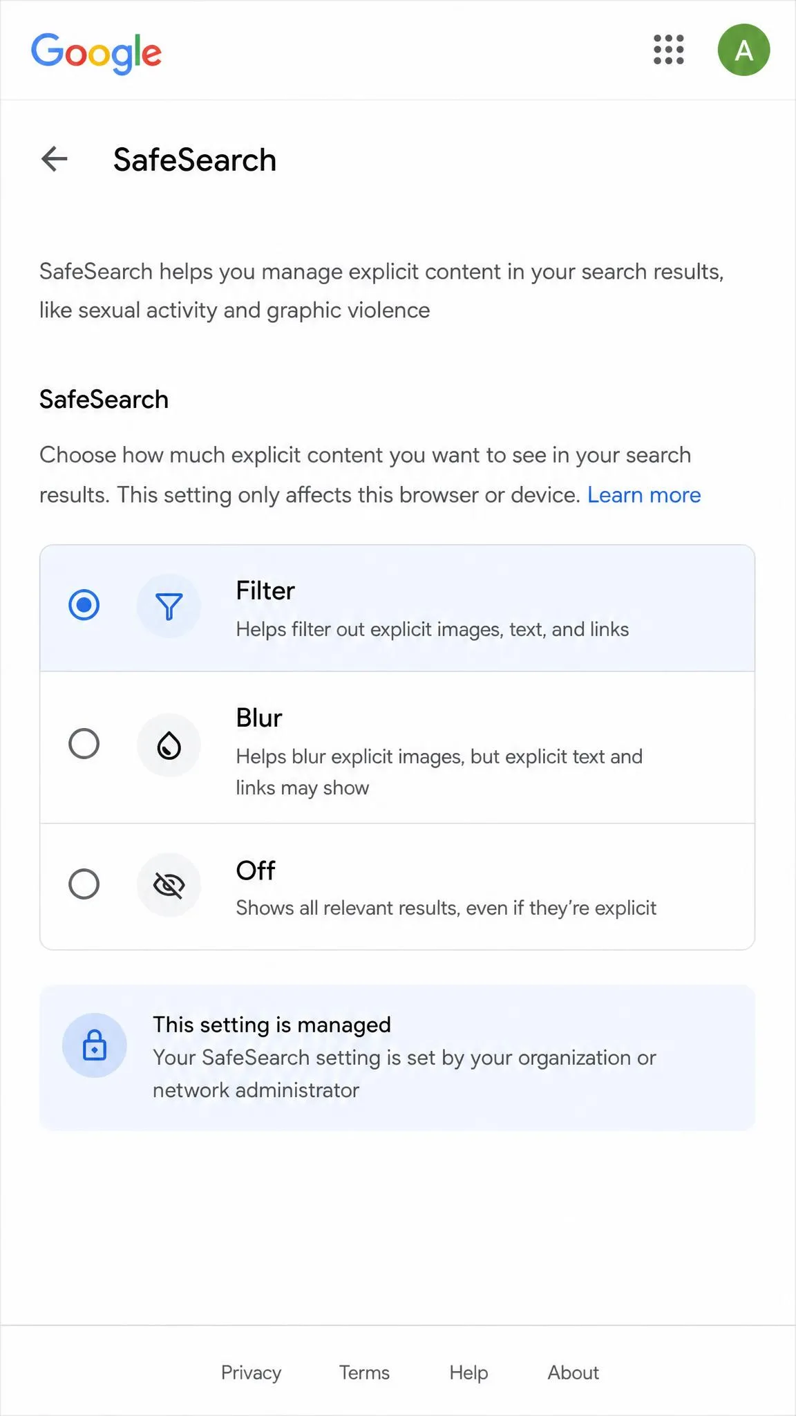 Google SafeSearch settings page showing the Filter, Blur, and Off options, with Filter selected and a lock icon indicating the setting is managed.