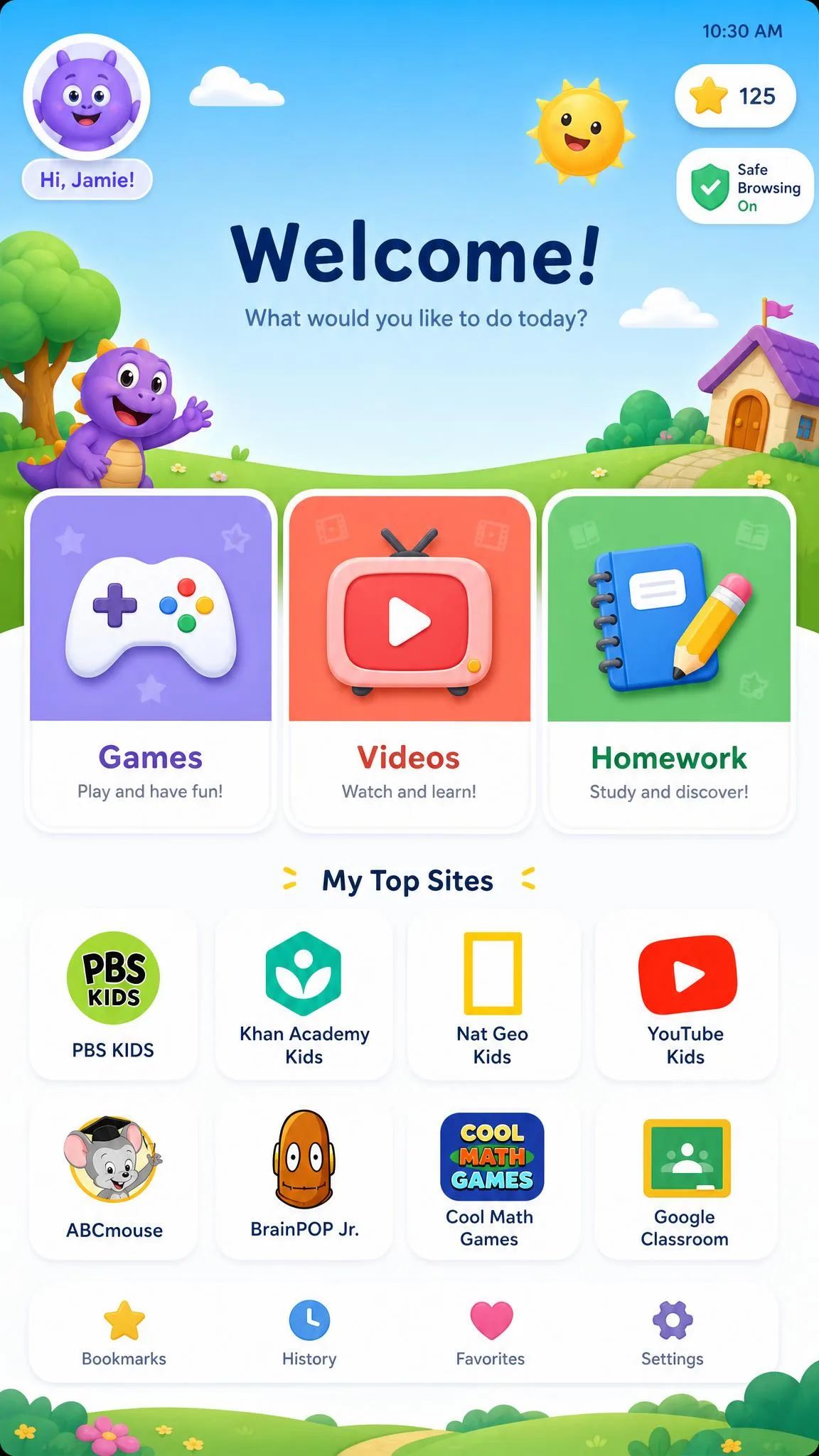 A kid-safe browser home screen with large age-appropriate tiles for games, videos, and homework sites, and no address bar for unfiltered browsing.