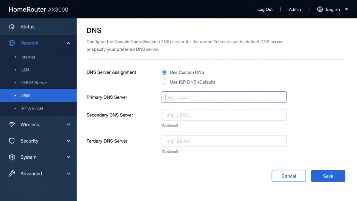Home router admin page with the DNS server fields open and ready to accept a filtering provider's nameserver addresses.
