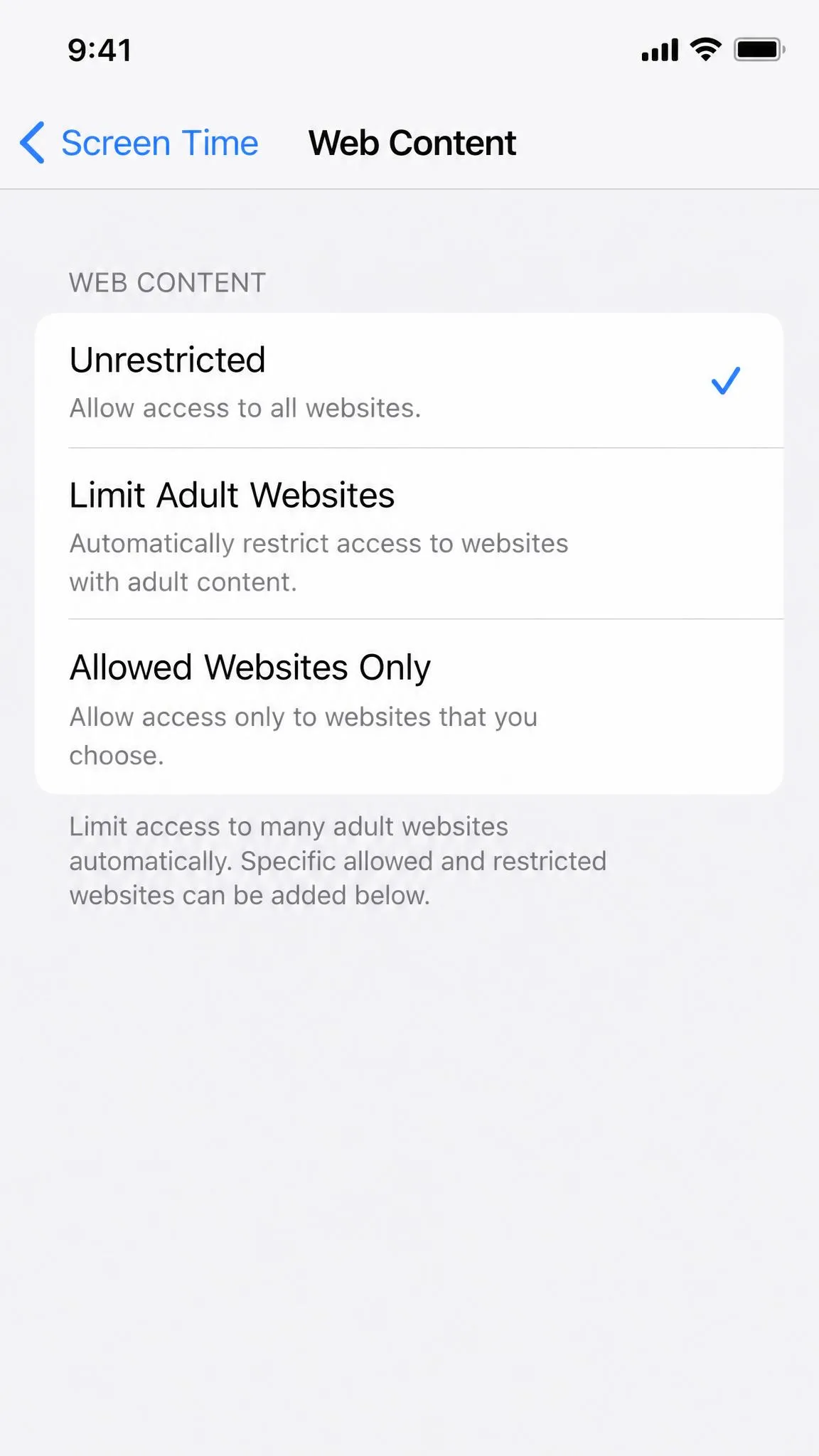 iPhone Screen Time Web Content settings screen showing the three filter modes: Unrestricted, Limit Adult Websites, and Allowed Websites Only.