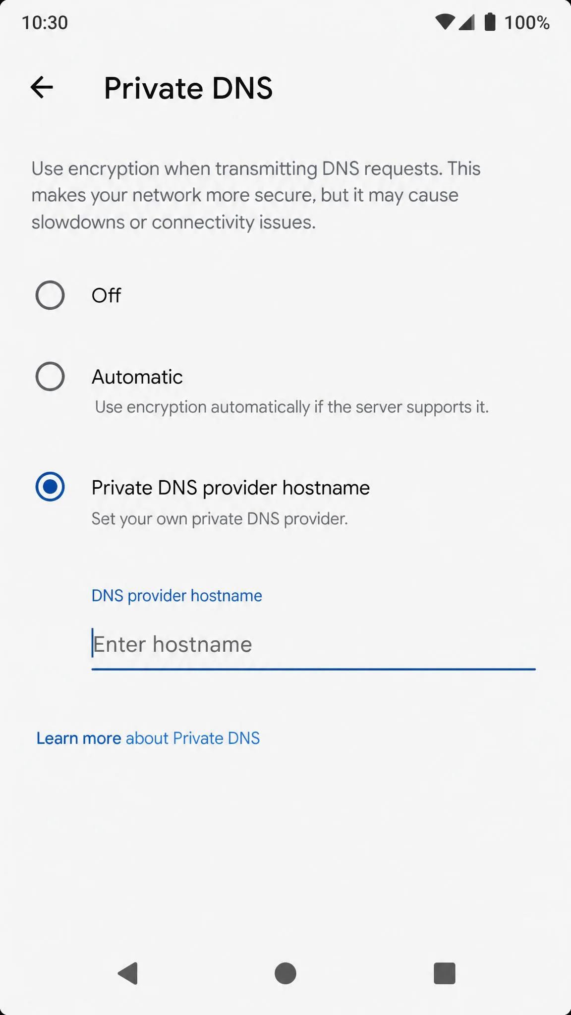 Android Private DNS settings screen with the option Private DNS provider hostname selected and a field for entering the DNS hostname.